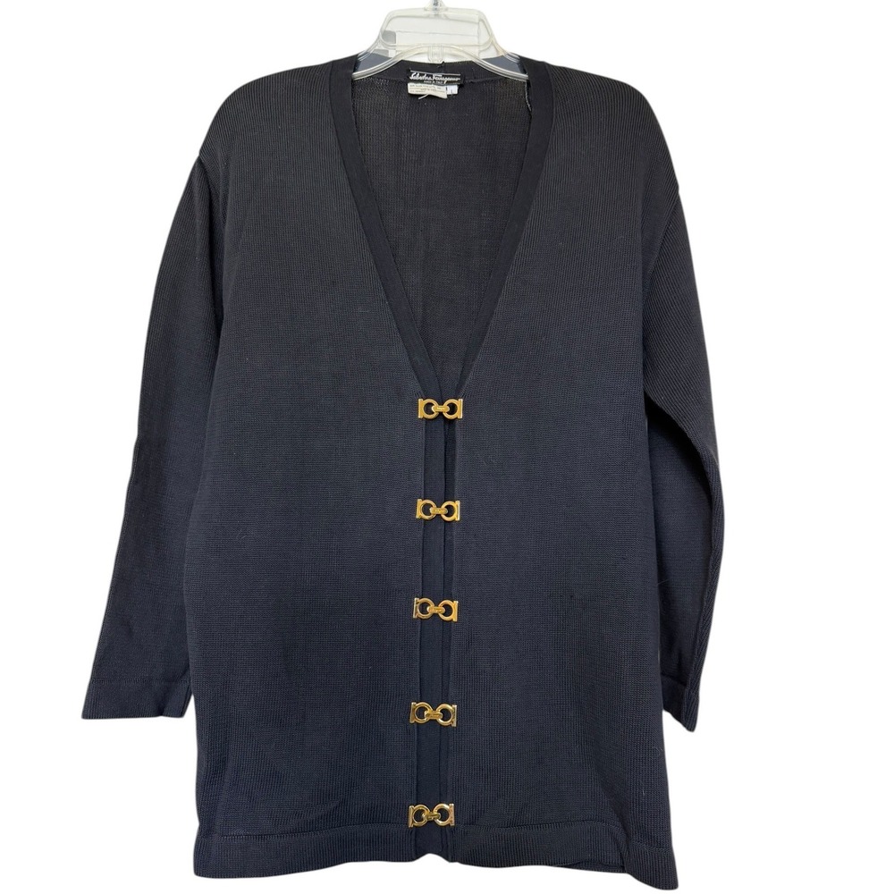 Salvatore Ferragamo Black Cotton Gancini‎ Bit Longline Cardigan Sweater Italy L